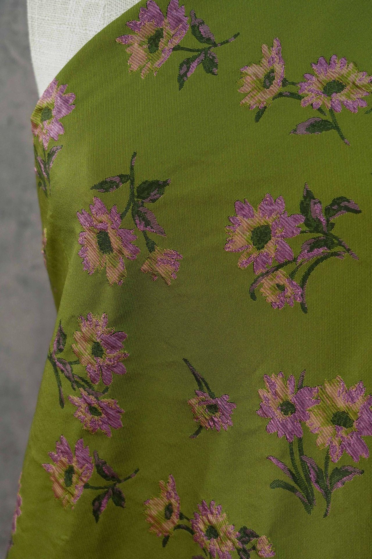 Green Floral Jacquard Fabric by Yard, Camellia Flower Embossed Textile, Vintage Dress Fabric for Sewing Crafts Home Decor, 63" Wide