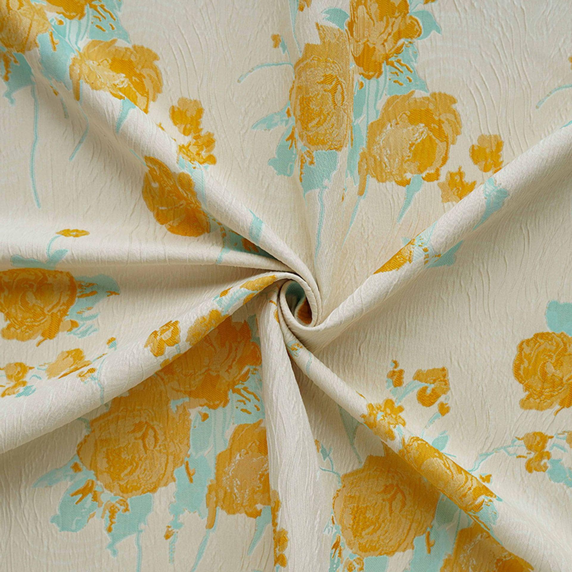 Embossed Yellow Rose Jacquard Fabric, Ivory Floral Brocade Fabric with Blue Accents for Dressmaking, Cheongsam, Upholstery & Decor, 55" Wide