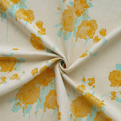 Embossed Yellow Rose Jacquard Fabric, Ivory Floral Brocade Fabric with Blue Accents for Dressmaking, Cheongsam, Upholstery & Decor, 55" Wide