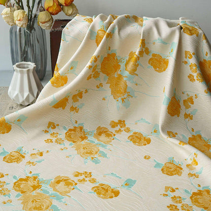 Embossed Yellow Rose Jacquard Fabric, Ivory Floral Brocade Fabric with Blue Accents for Dressmaking, Cheongsam, Upholstery & Decor, 55" Wide
