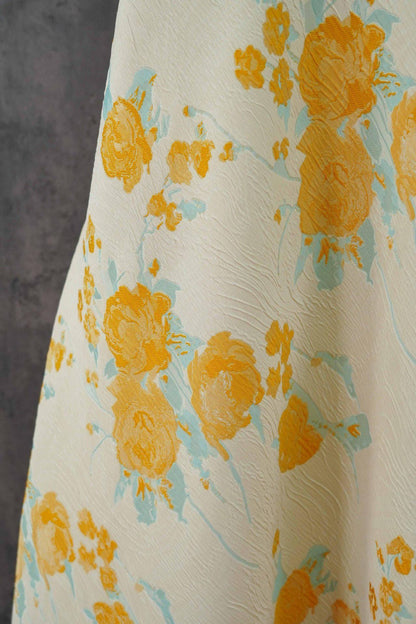 Embossed Yellow Rose Jacquard Fabric, Ivory Floral Brocade Fabric with Blue Accents for Dressmaking, Cheongsam, Upholstery & Decor, 55" Wide