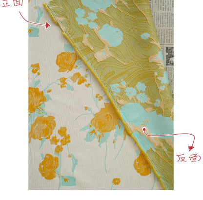 Embossed Yellow Rose Jacquard Fabric, Ivory Floral Brocade Fabric with Blue Accents for Dressmaking, Cheongsam, Upholstery & Decor, 55" Wide