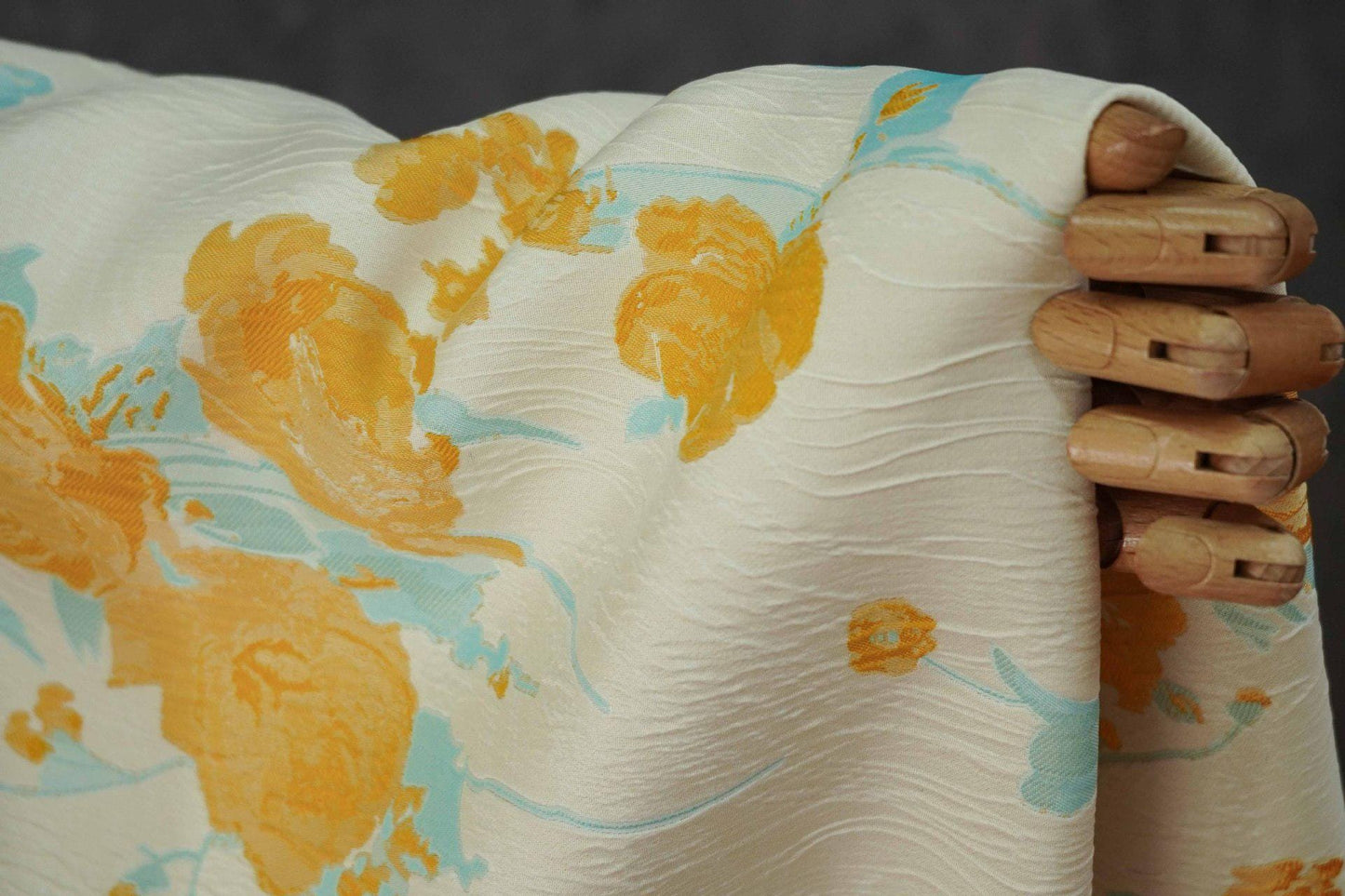 Embossed Yellow Rose Jacquard Fabric, Ivory Floral Brocade Fabric with Blue Accents for Dressmaking, Cheongsam, Upholstery & Decor, 55" Wide