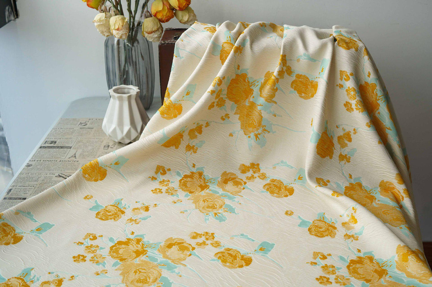 Embossed Yellow Rose Jacquard Fabric, Ivory Floral Brocade Fabric with Blue Accents for Dressmaking, Cheongsam, Upholstery & Decor, 55" Wide