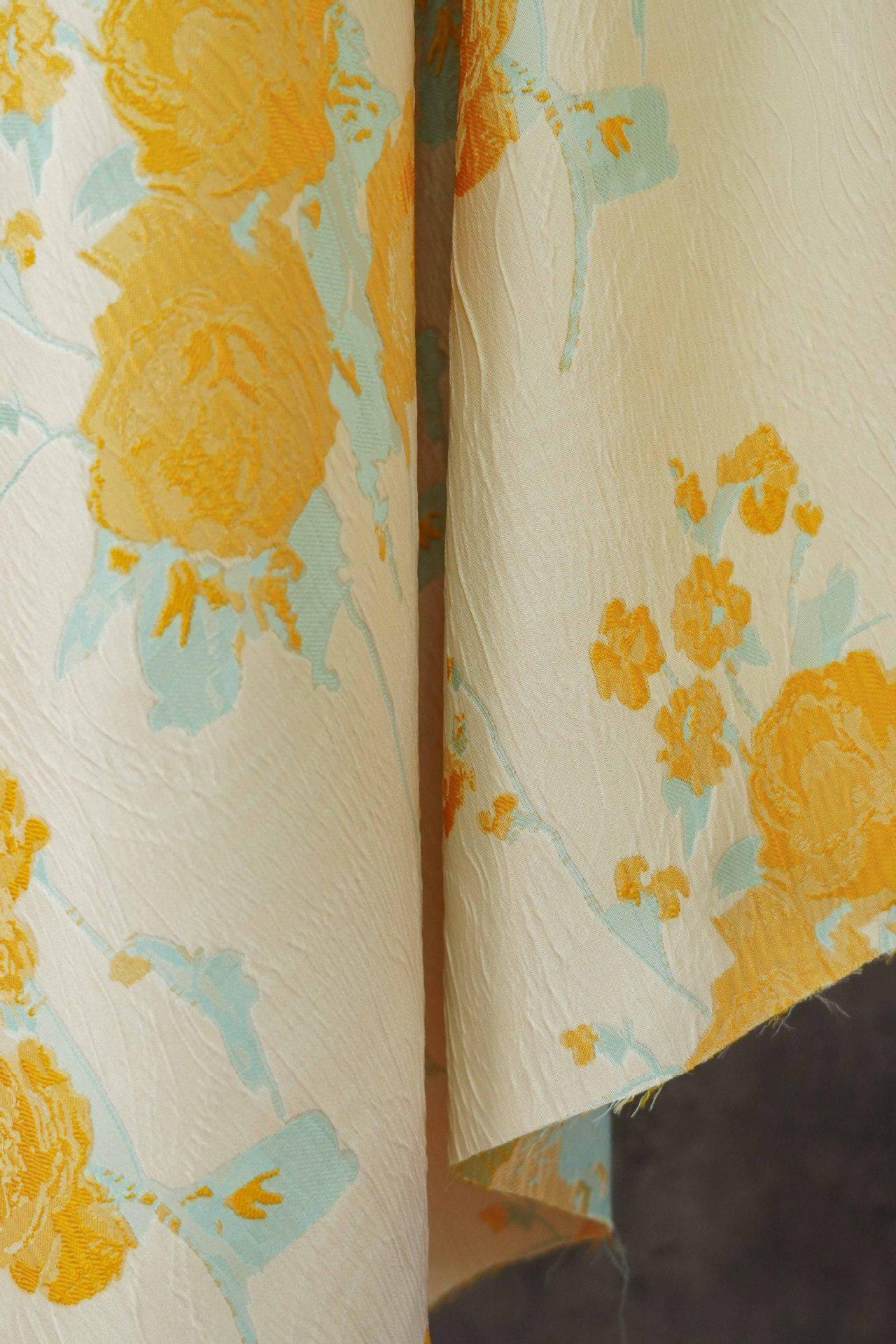 Embossed Yellow Rose Jacquard Fabric, Ivory Floral Brocade Fabric with Blue Accents for Dressmaking, Cheongsam, Upholstery & Decor, 55" Wide