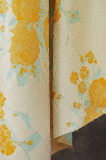 Embossed Yellow Rose Jacquard Fabric, Ivory Floral Brocade Fabric with Blue Accents for Dressmaking, Cheongsam, Upholstery & Decor, 55" Wide