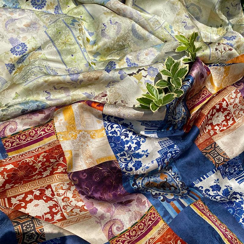 Chinese Jacquard Rayon Silk Fabric by Yard, Palace Style Patchwork Textile, Xiangyunsha Inspired Dress Fabric for Sewing Decor, 55"Wide