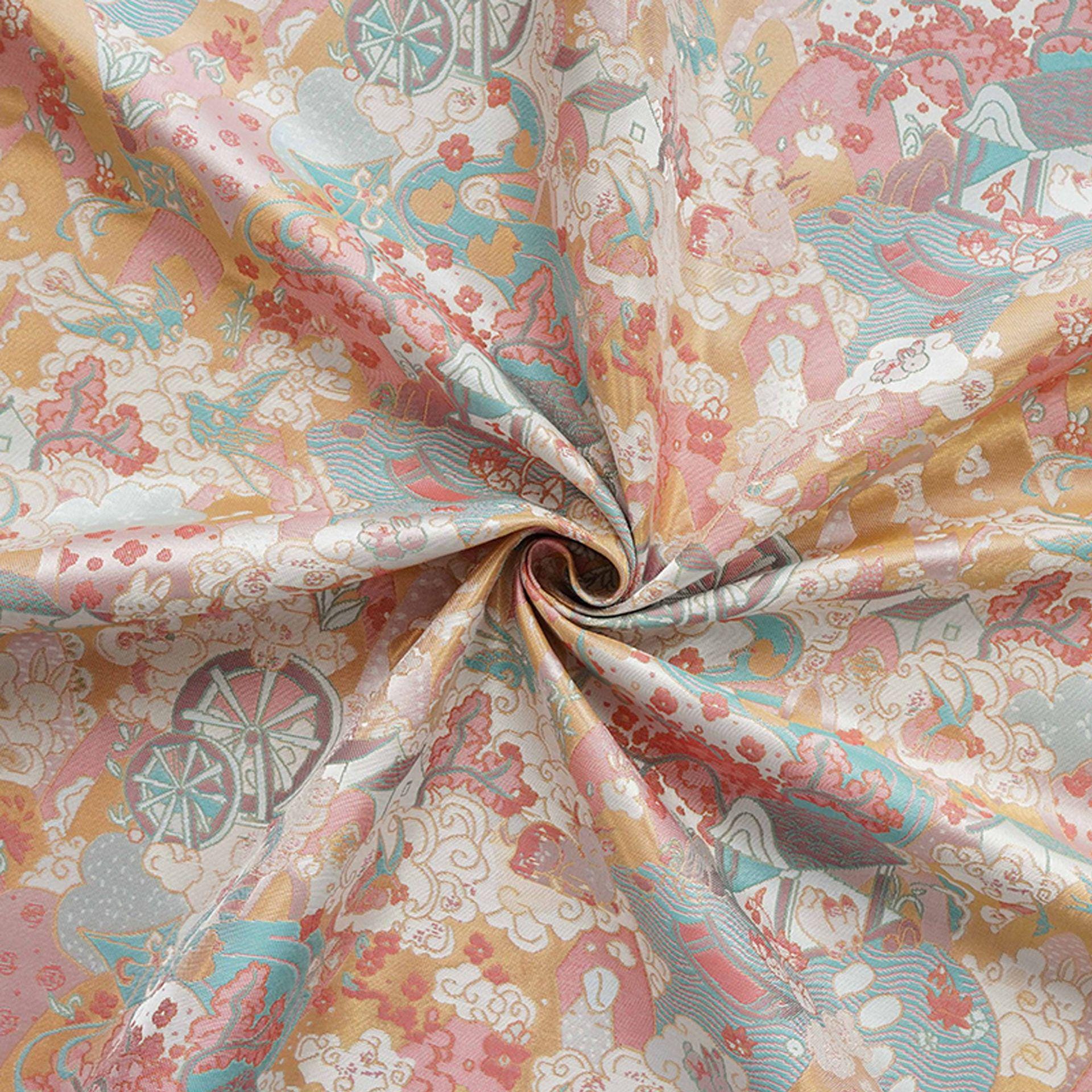 Chinese Song Brocade Fabric by Yard, Gold Metallic Jacquard Textile, Elegant Pastel Floral Satin Fabric for Dresses Upholstery Crafts, 59"W