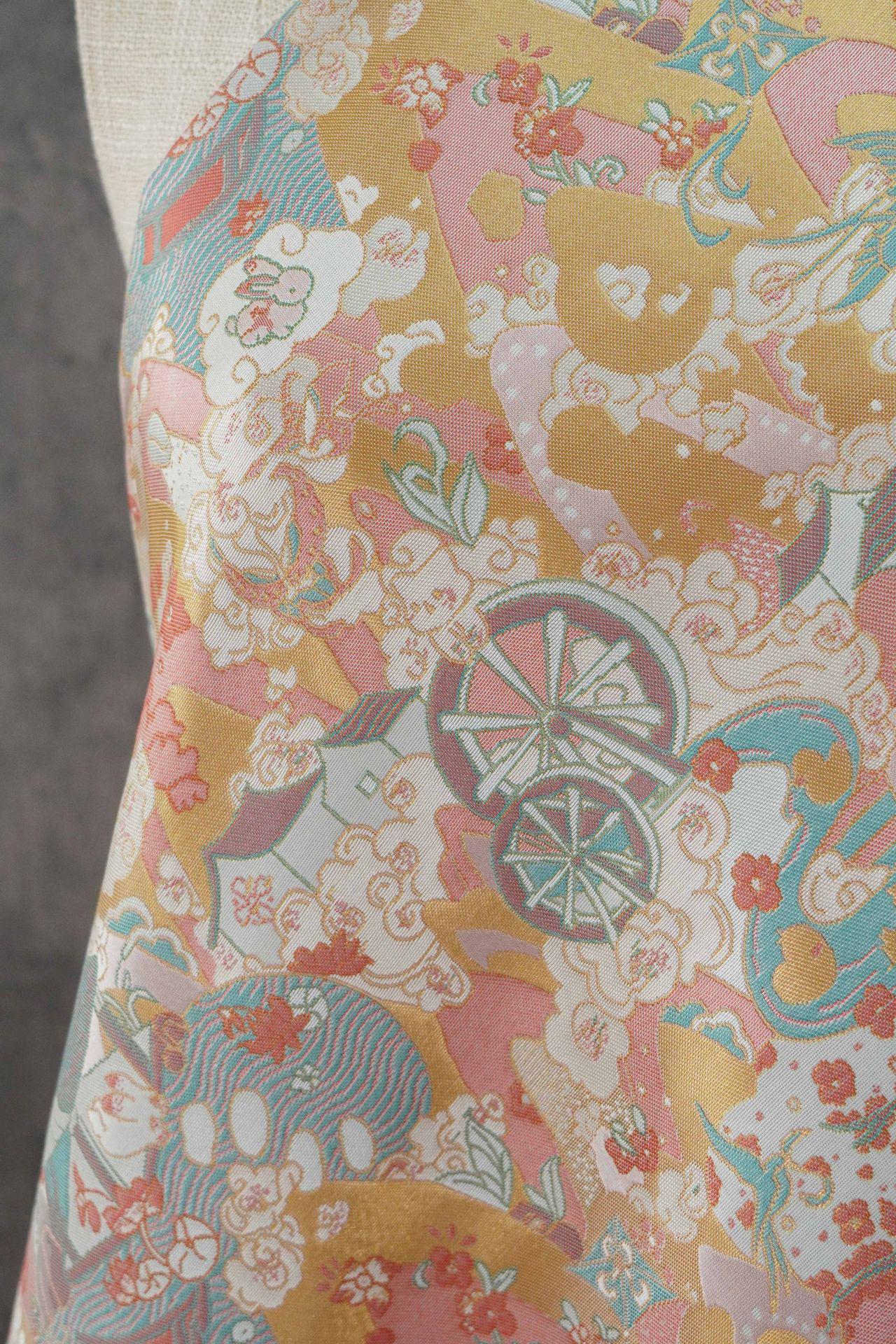 Chinese Song Brocade Fabric by Yard, Gold Metallic Jacquard Textile, Elegant Pastel Floral Satin Fabric for Dresses Upholstery Crafts, 59"W