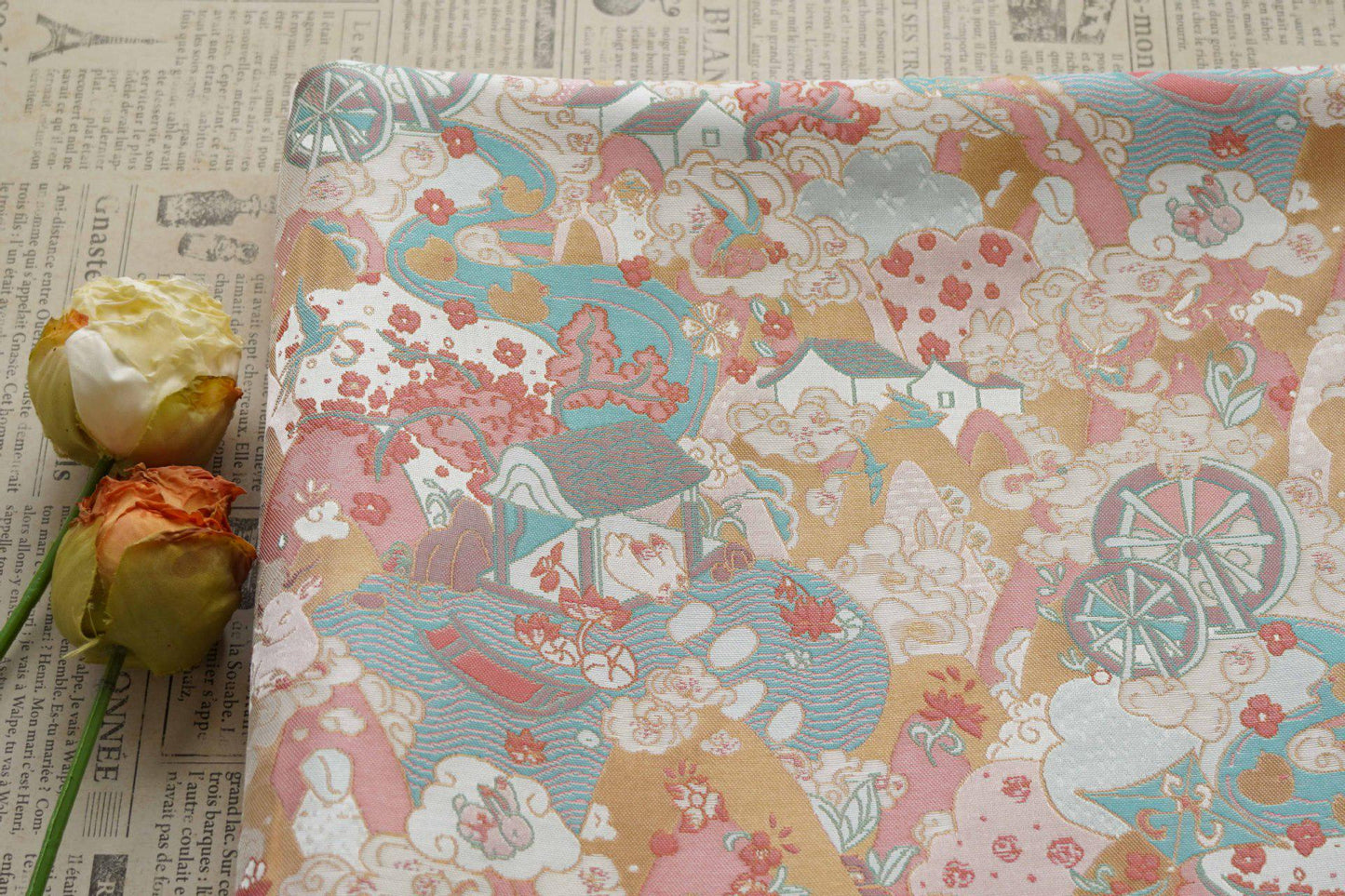 Chinese Song Brocade Fabric by Yard, Gold Metallic Jacquard Textile, Elegant Pastel Floral Satin Fabric for Dresses Upholstery Crafts, 59"W