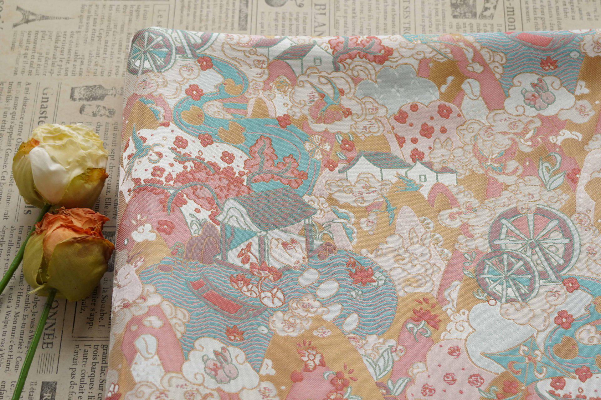 Chinese Song Brocade Fabric by Yard, Gold Metallic Jacquard Textile, Elegant Pastel Floral Satin Fabric for Dresses Upholstery Crafts, 59"W