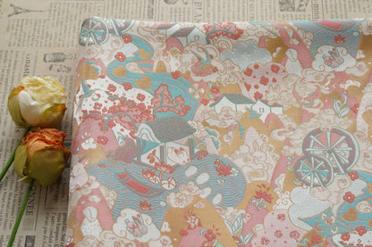 Chinese Song Brocade Fabric by Yard, Gold Metallic Jacquard Textile, Elegant Pastel Floral Satin Fabric for Dresses Upholstery Crafts, 59"W