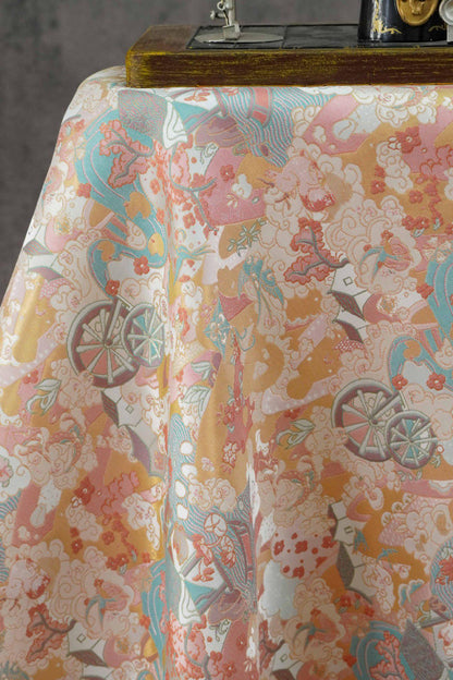 Chinese Song Brocade Fabric by Yard, Gold Metallic Jacquard Textile, Elegant Pastel Floral Satin Fabric for Dresses Upholstery Crafts, 59"W