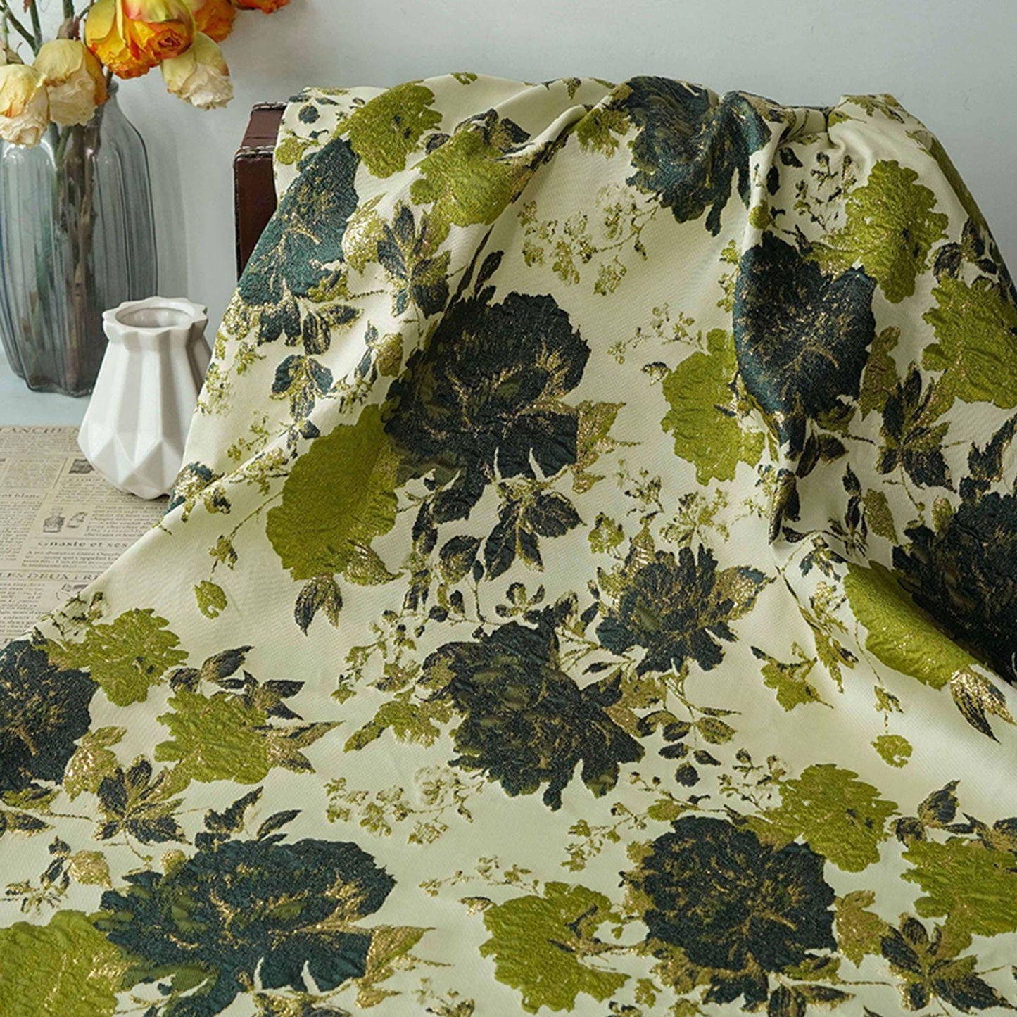 Vintage Gold Floral Jacquard Fabric by Yard, Embossed Brocade Textile, Luxury Green Black Metallic Fabric for Fashion Decor Sewing, 55" Wide