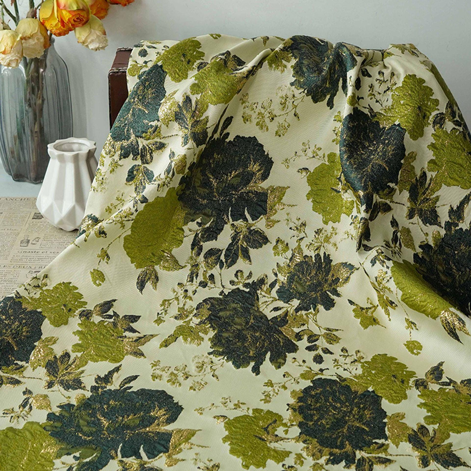 Vintage Gold Floral Jacquard Fabric by Yard, Embossed Brocade Textile, Luxury Green Black Metallic Fabric for Fashion Decor Sewing, 55" Wide