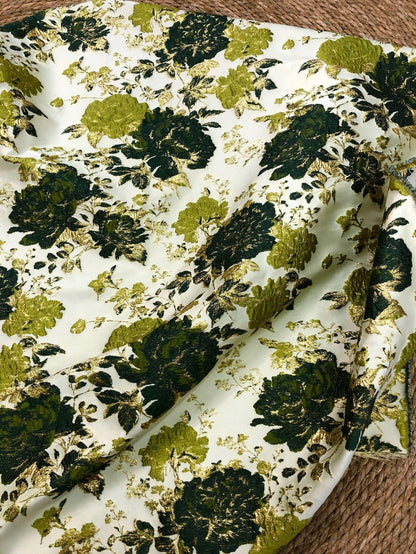 Vintage Gold Floral Jacquard Fabric by Yard, Embossed Brocade Textile, Luxury Green Black Metallic Fabric for Fashion Decor Sewing, 55" Wide