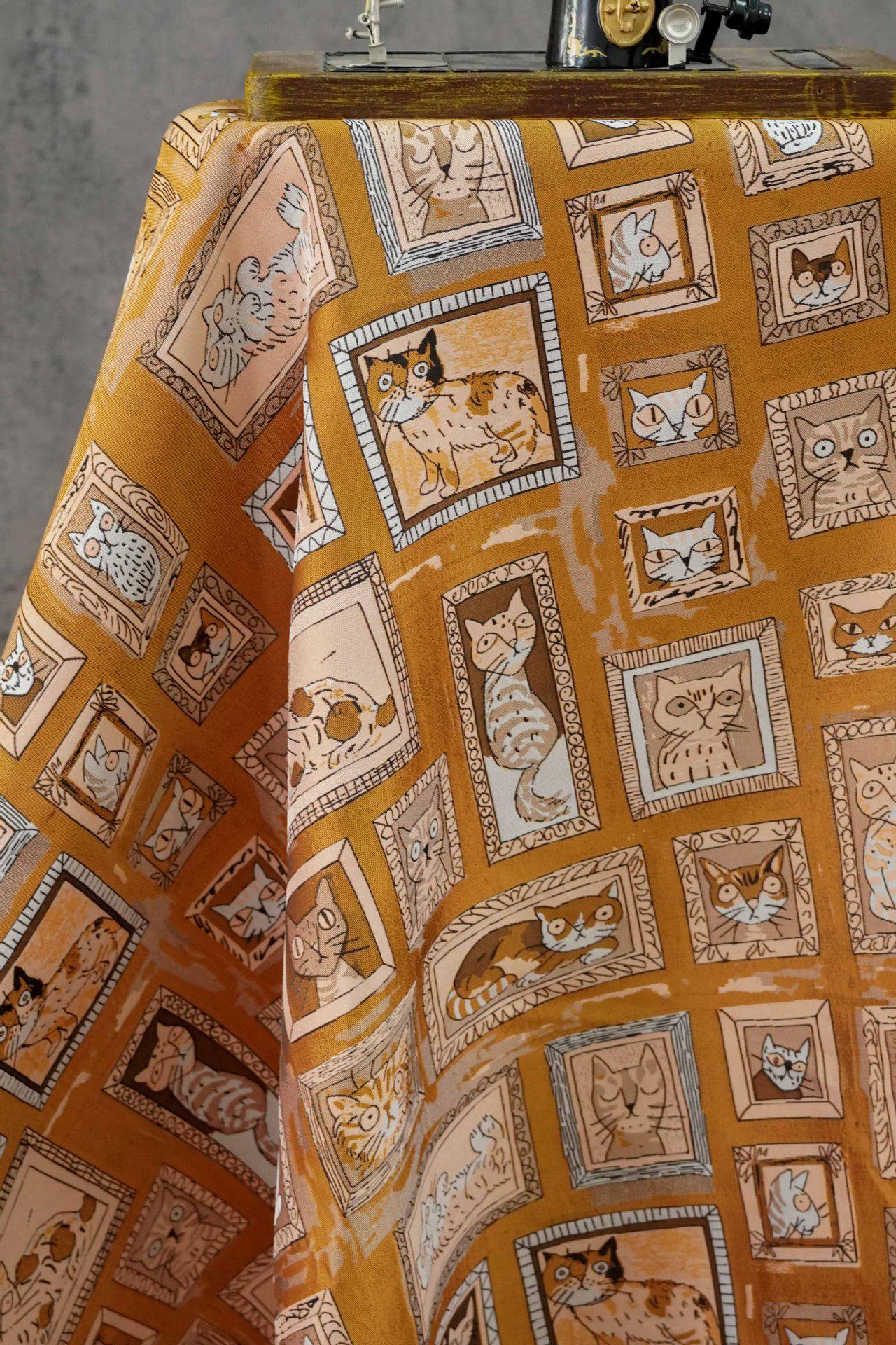 Retro Cat Print Fabric by Yard, Cartoon Cat Frames Cotton Blend Textile, Upholstery Fabric for Curtains Sofa Cushions Sewing Crafts, 63" W