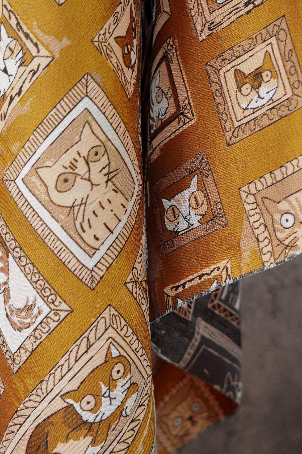 Retro Cat Print Fabric by Yard, Cartoon Cat Frames Cotton Blend Textile, Upholstery Fabric for Curtains Sofa Cushions Sewing Crafts, 63" W