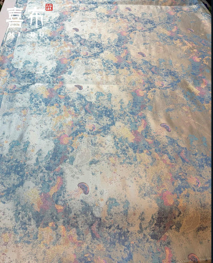 Gold Metallic Ocean Fabric by Yard, Gradient Jellyfish Jacquard Textile, Fantasy Dress Fabric for Sewing DIY Crafts Costumes, 58"Wide