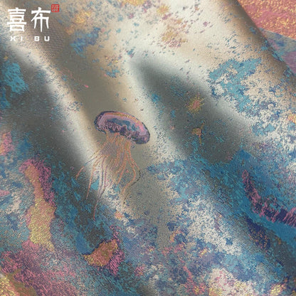 Gold Metallic Ocean Fabric by Yard, Gradient Jellyfish Jacquard Textile, Fantasy Dress Fabric for Sewing DIY Crafts Costumes, 58"Wide