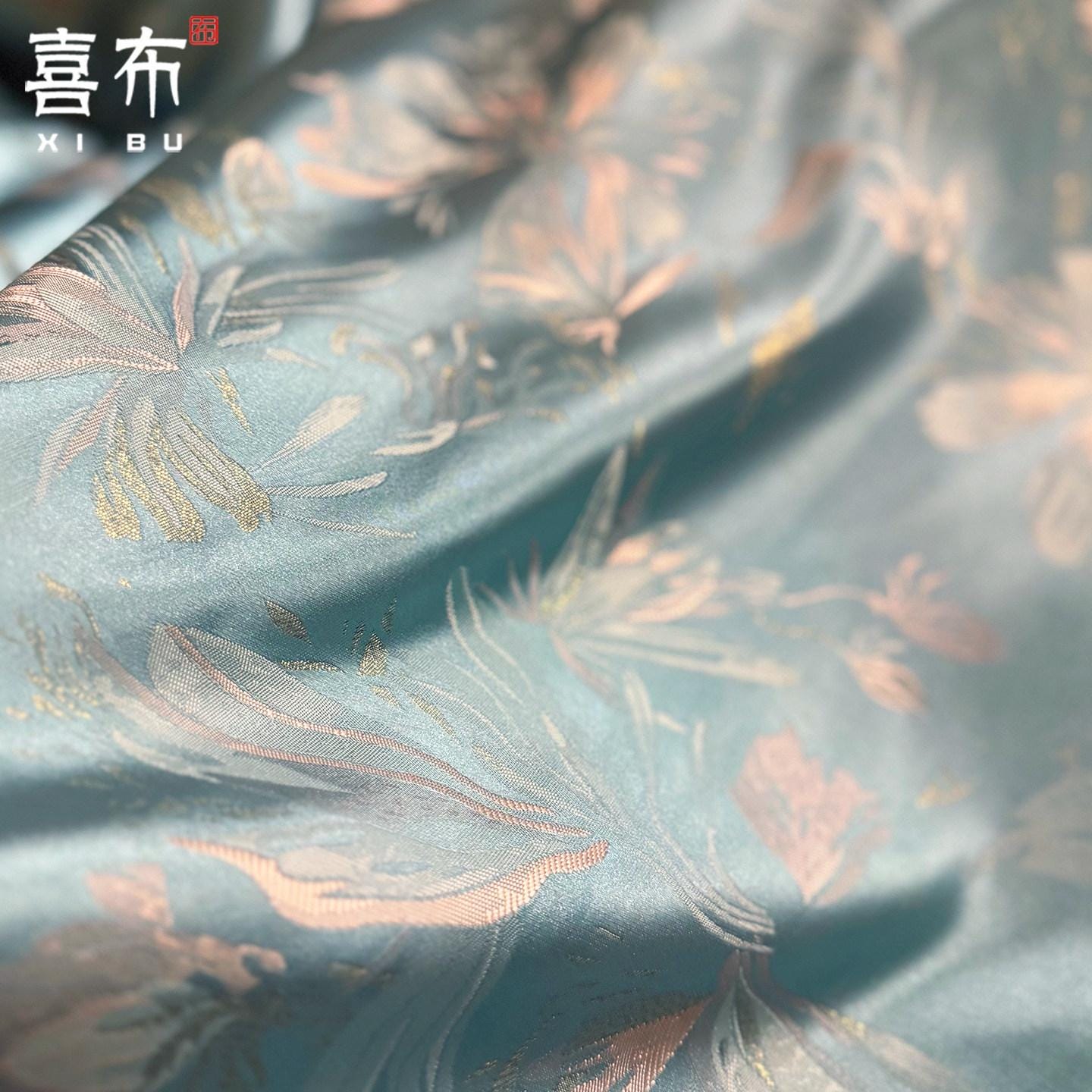 Floral Silk-Look Jacquard Brocade Fabric by Yard, Embossed Gold Flower Woven Textile, Elegant Dress Fabric for Sewing & Decor, 29"Wide