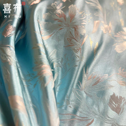 Floral Silk-Look Jacquard Brocade Fabric by Yard, Embossed Gold Flower Woven Textile, Elegant Dress Fabric for Sewing & Decor, 29"Wide