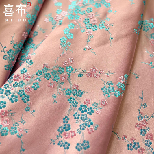 Pink Floral Brocade Fabric by Yard, Turquoise Small Flower Jacquard Textile, Elegant DIY Dress Fabric for Sewing Crafts Decor, 58"Wide - Poppylollipop