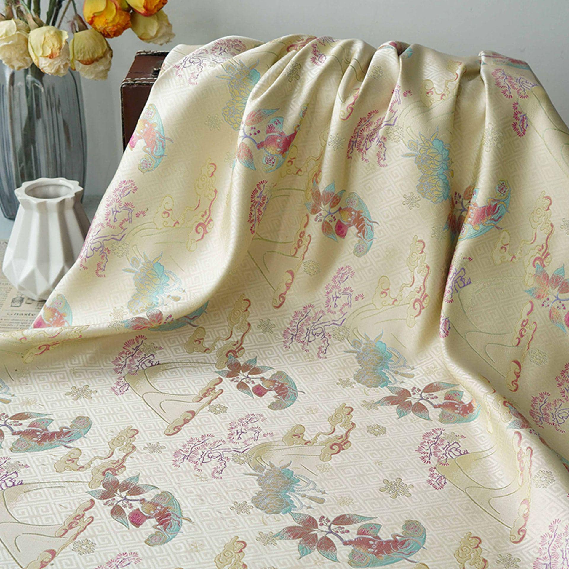 Hundred Blessings Jacquard Brocade Fabric, Song Dynasty Inspired Satin Damask Textile, Elegant Floral Lucky Pattern Fabric, 65" Wide