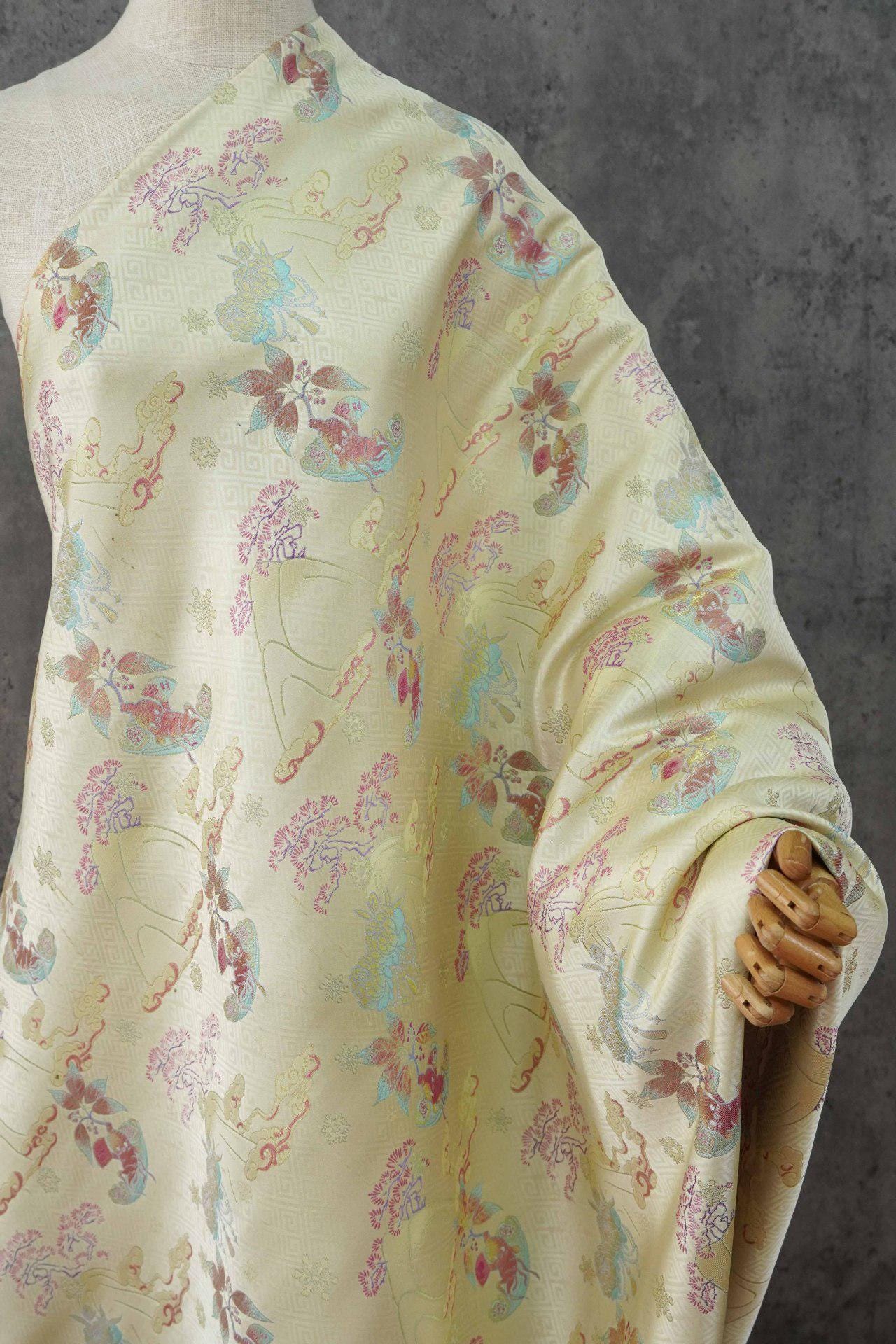 Hundred Blessings Jacquard Brocade Fabric, Song Dynasty Inspired Satin Damask Textile, Elegant Floral Lucky Pattern Fabric, 65" Wide