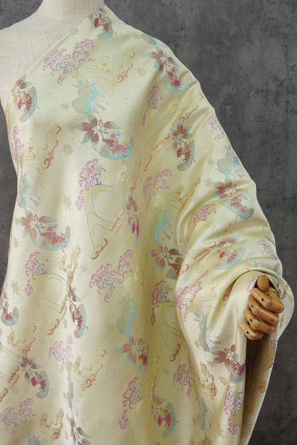 Hundred Blessings Jacquard Brocade Fabric, Song Dynasty Inspired Satin Damask Textile, Elegant Floral Lucky Pattern Fabric, 65" Wide