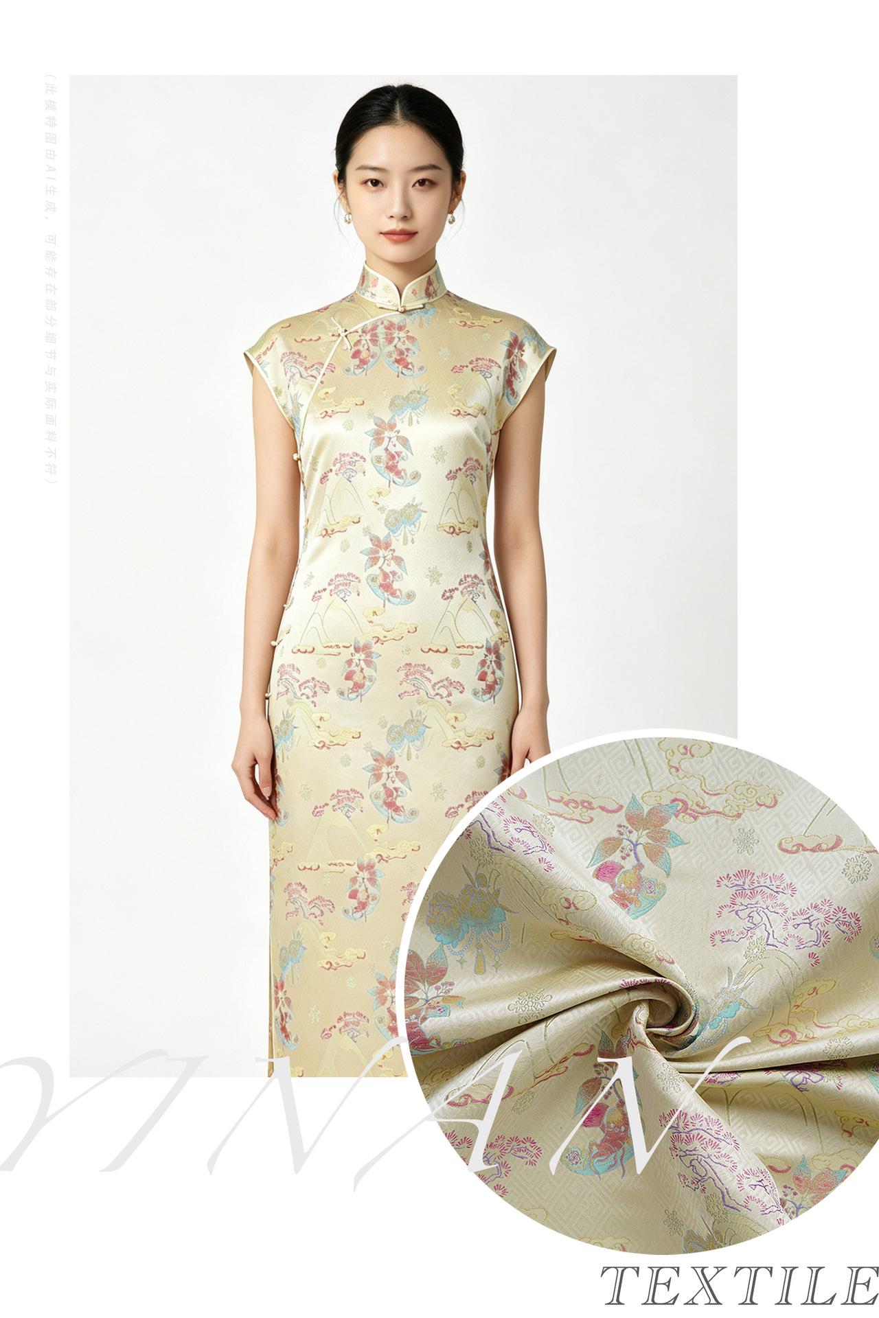 Hundred Blessings Jacquard Brocade Fabric, Song Dynasty Inspired Satin Damask Textile, Elegant Floral Lucky Pattern Fabric, 65" Wide