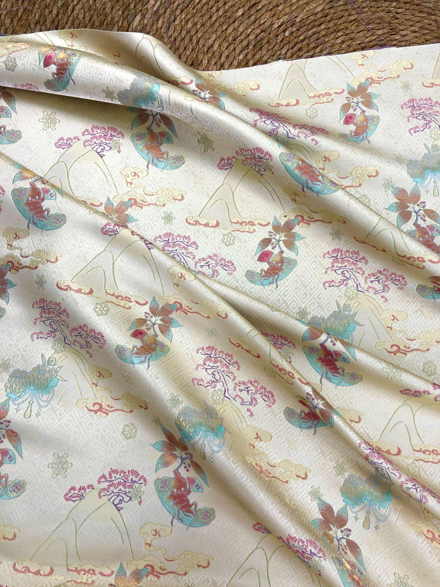 Hundred Blessings Jacquard Brocade Fabric, Song Dynasty Inspired Satin Damask Textile, Elegant Floral Lucky Pattern Fabric, 65" Wide