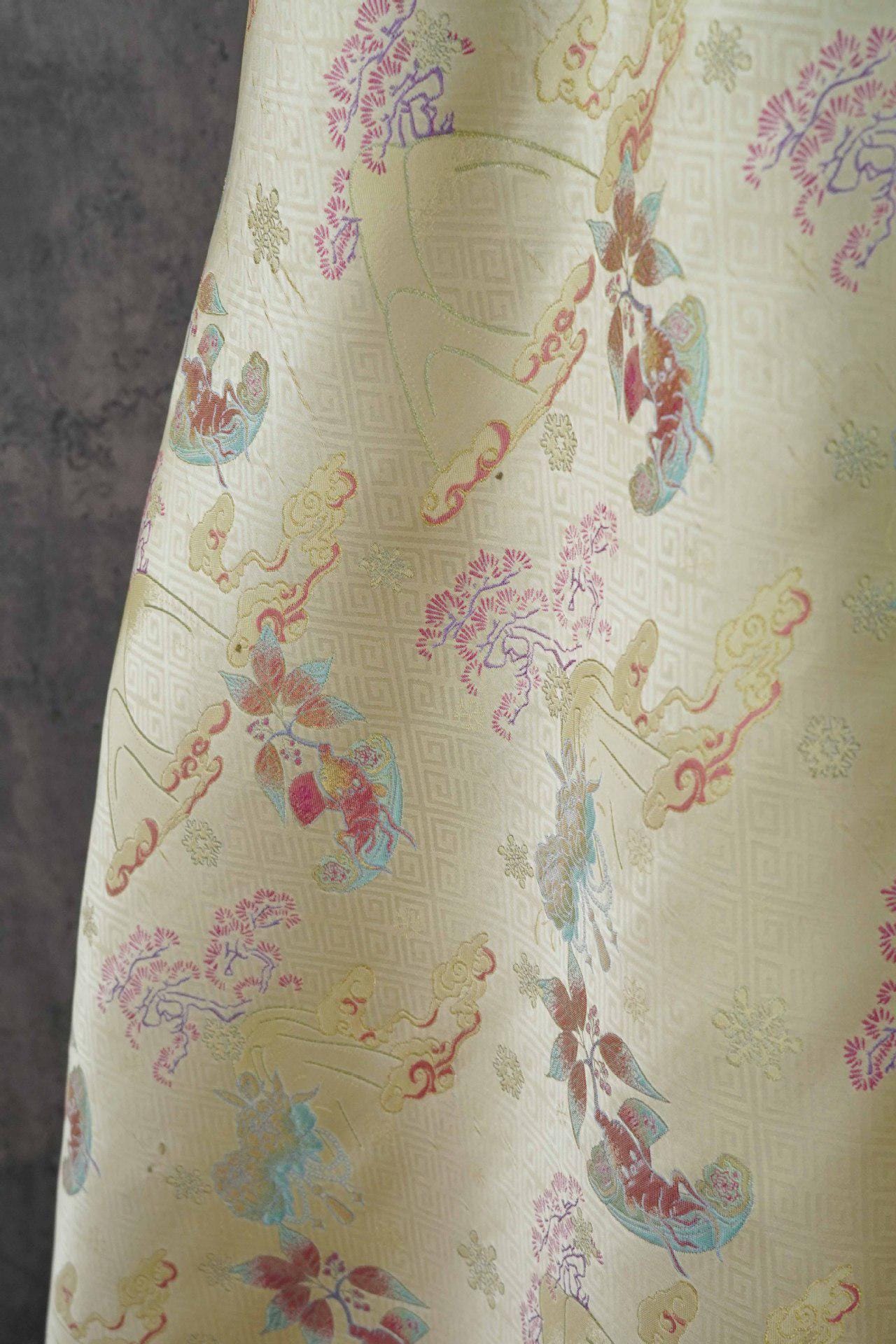 Hundred Blessings Jacquard Brocade Fabric, Song Dynasty Inspired Satin Damask Textile, Elegant Floral Lucky Pattern Fabric, 65" Wide
