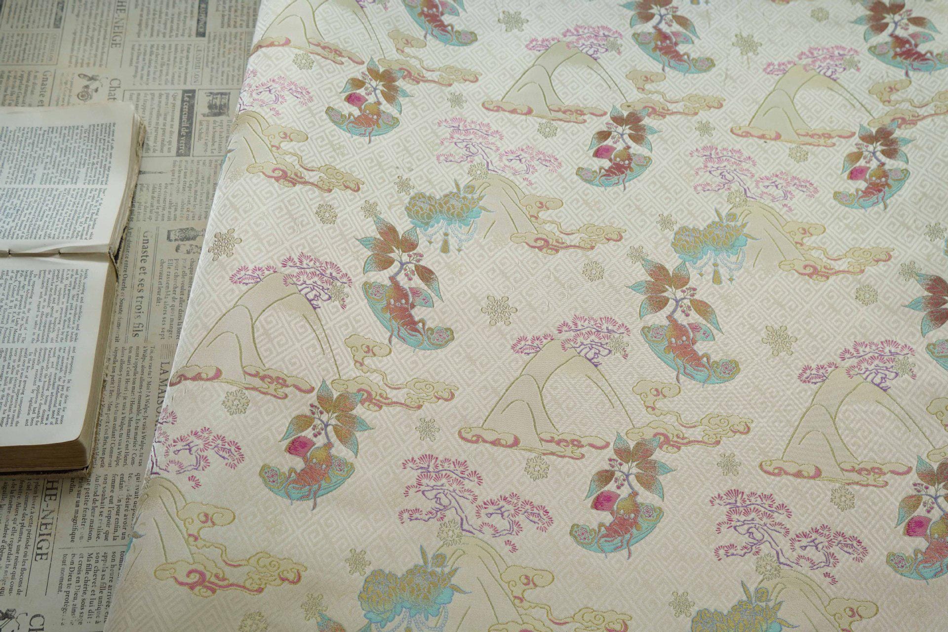 Hundred Blessings Jacquard Brocade Fabric, Song Dynasty Inspired Satin Damask Textile, Elegant Floral Lucky Pattern Fabric, 65" Wide
