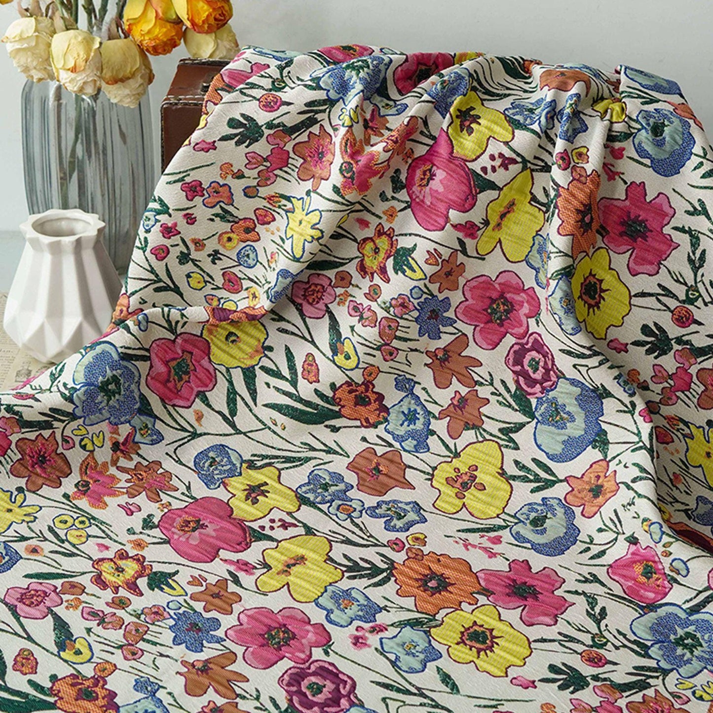 Art Style 3D Floral Jacquard Fabric, Abstract Embossed Flower Woven Textile, Double-Sided Fashion Material for DIY Clothing & Costumes, 52"W