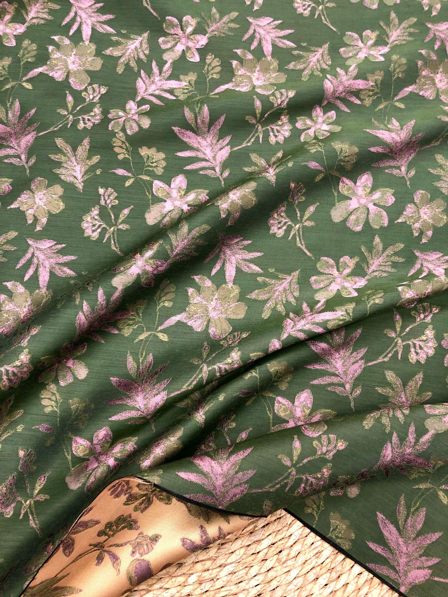 Green Floral Fabric by Yard, Botanical Garden Jacquard Textile, Vintage Cottage Fabric for Dresses Bags Quilting Crafts- 65"W
