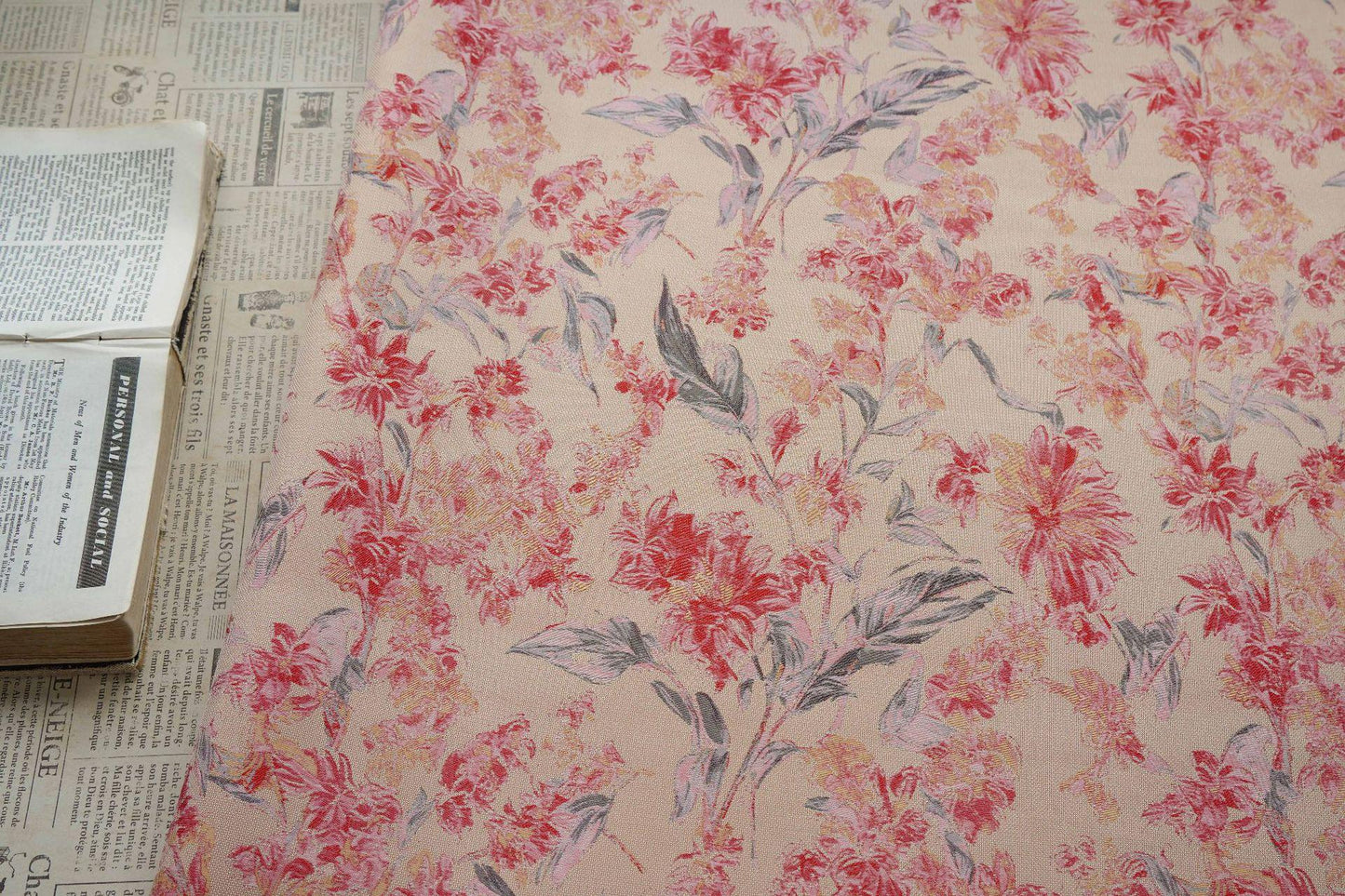 Pink Floral Fabric by Yard, Vintage Garden Woven Textile, Cottagecore Dress Fabric for Sewing Crafts Decor- 57"W
