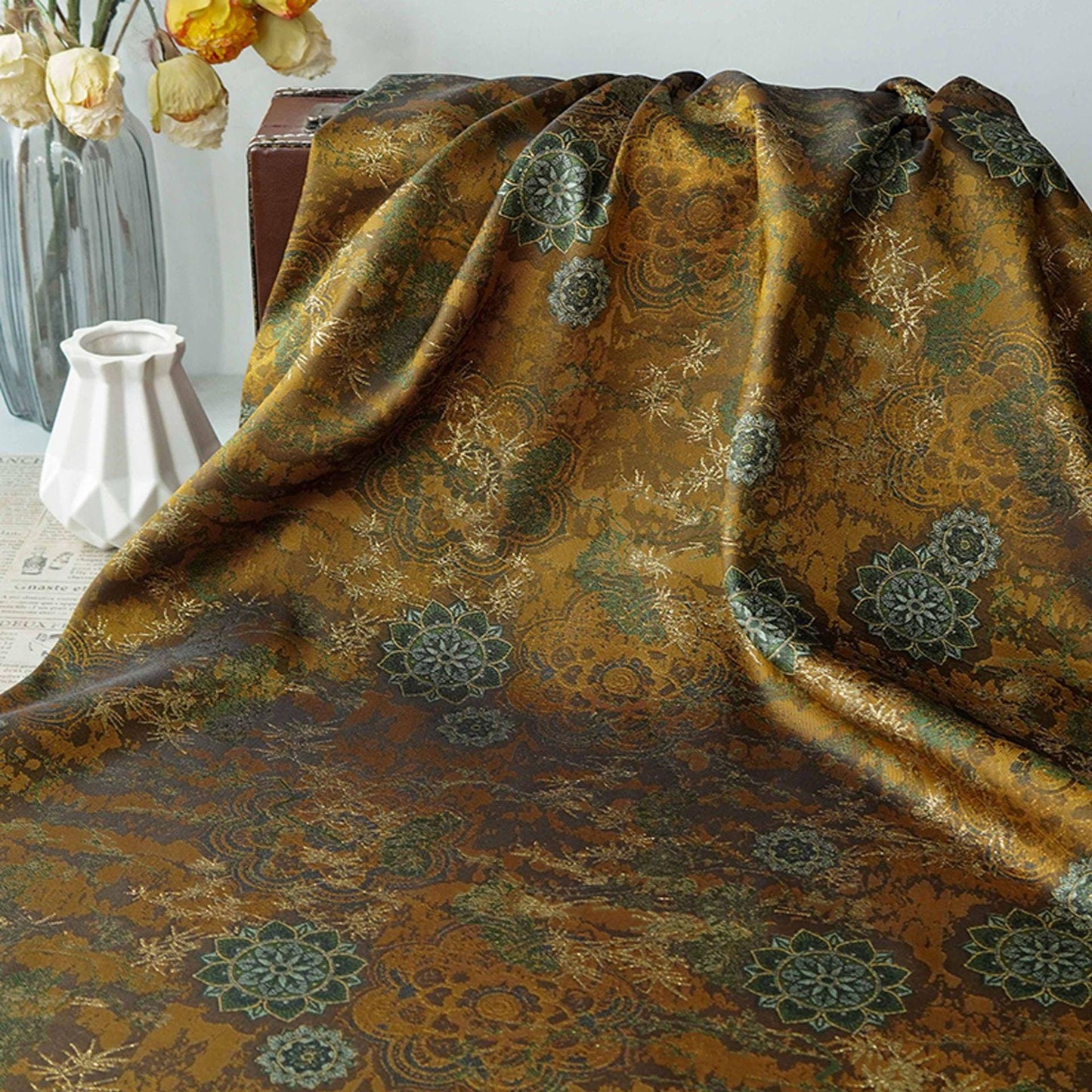 Dunhuang Jacquard Fabric, Gold Metallic Fabric by Yard, Traditional Floral Textile, Silk Like Hanfu Fabric, Luxury Sewing Material, 56"Wide