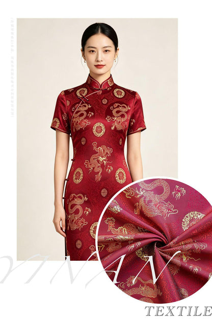Chinese Dragon Brocade Fabric, Red Gold Jacquard Fabric by Yard, Double Dragon Pattern Textile, Sewing Material, Luxury Oriental Fabric, 59"