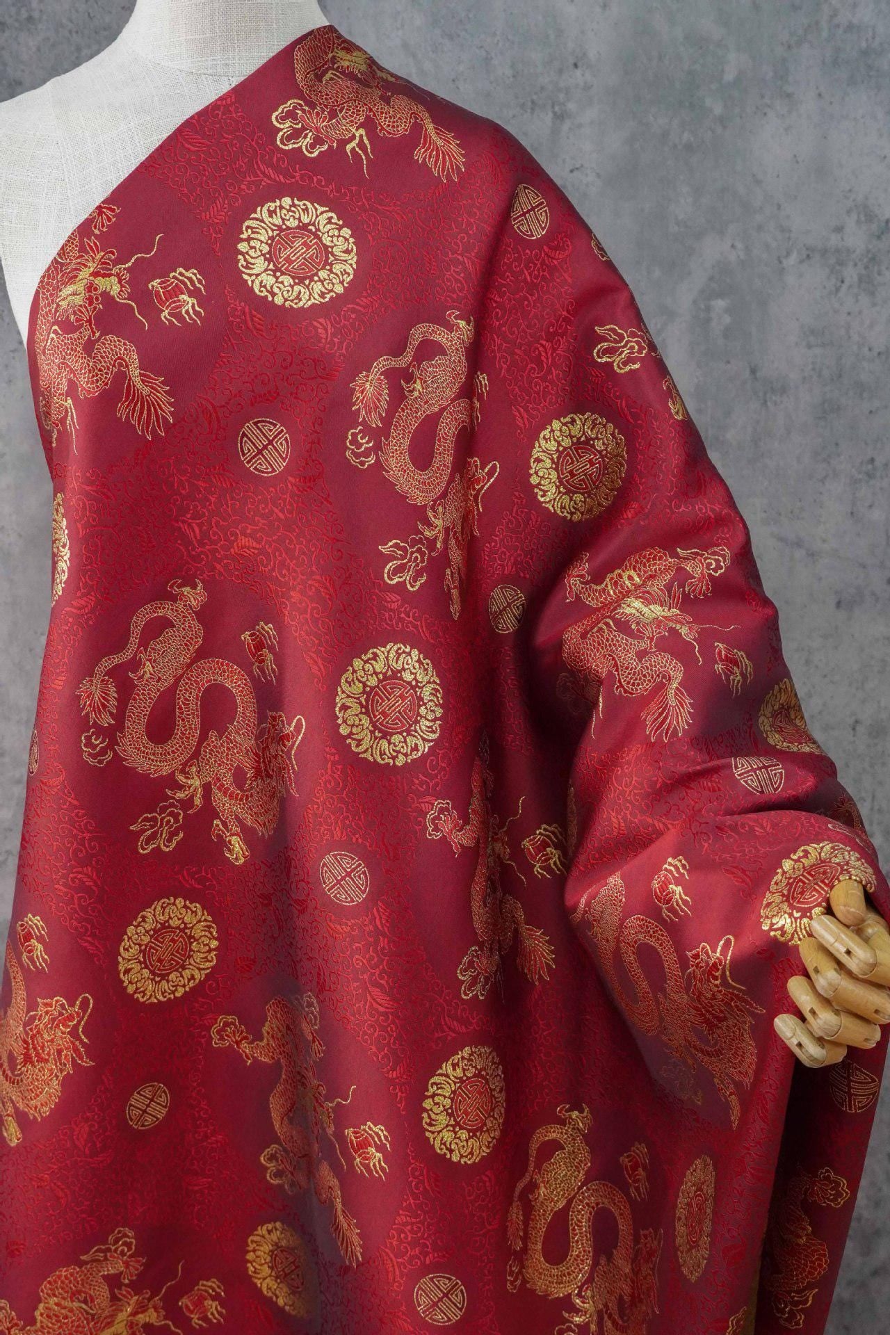 Chinese Dragon Brocade Fabric, Red Gold Jacquard Fabric by Yard, Double Dragon Pattern Textile, Sewing Material, Luxury Oriental Fabric, 59"