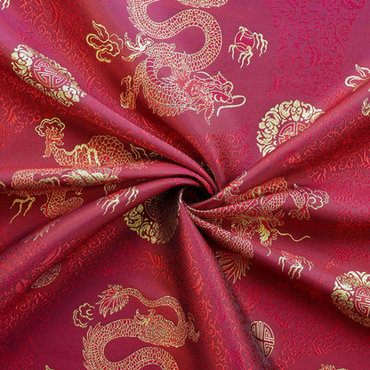 Chinese Dragon Brocade Fabric, Red Gold Jacquard Fabric by Yard, Double Dragon Pattern Textile, Sewing Material, Luxury Oriental Fabric, 59"