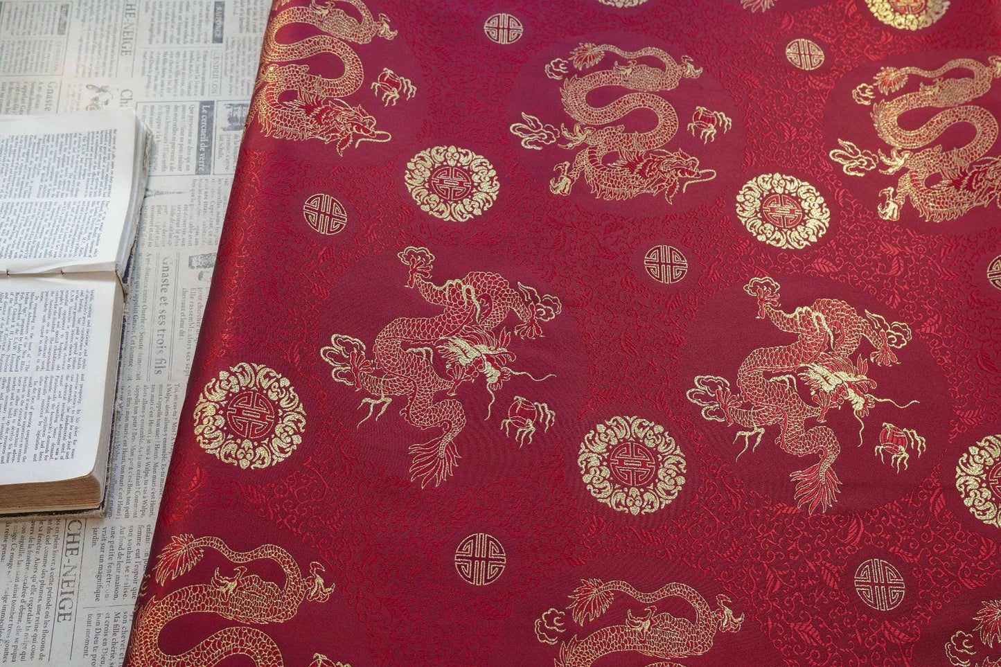 Chinese Dragon Brocade Fabric, Red Gold Jacquard Fabric by Yard, Double Dragon Pattern Textile, Sewing Material, Luxury Oriental Fabric, 59"