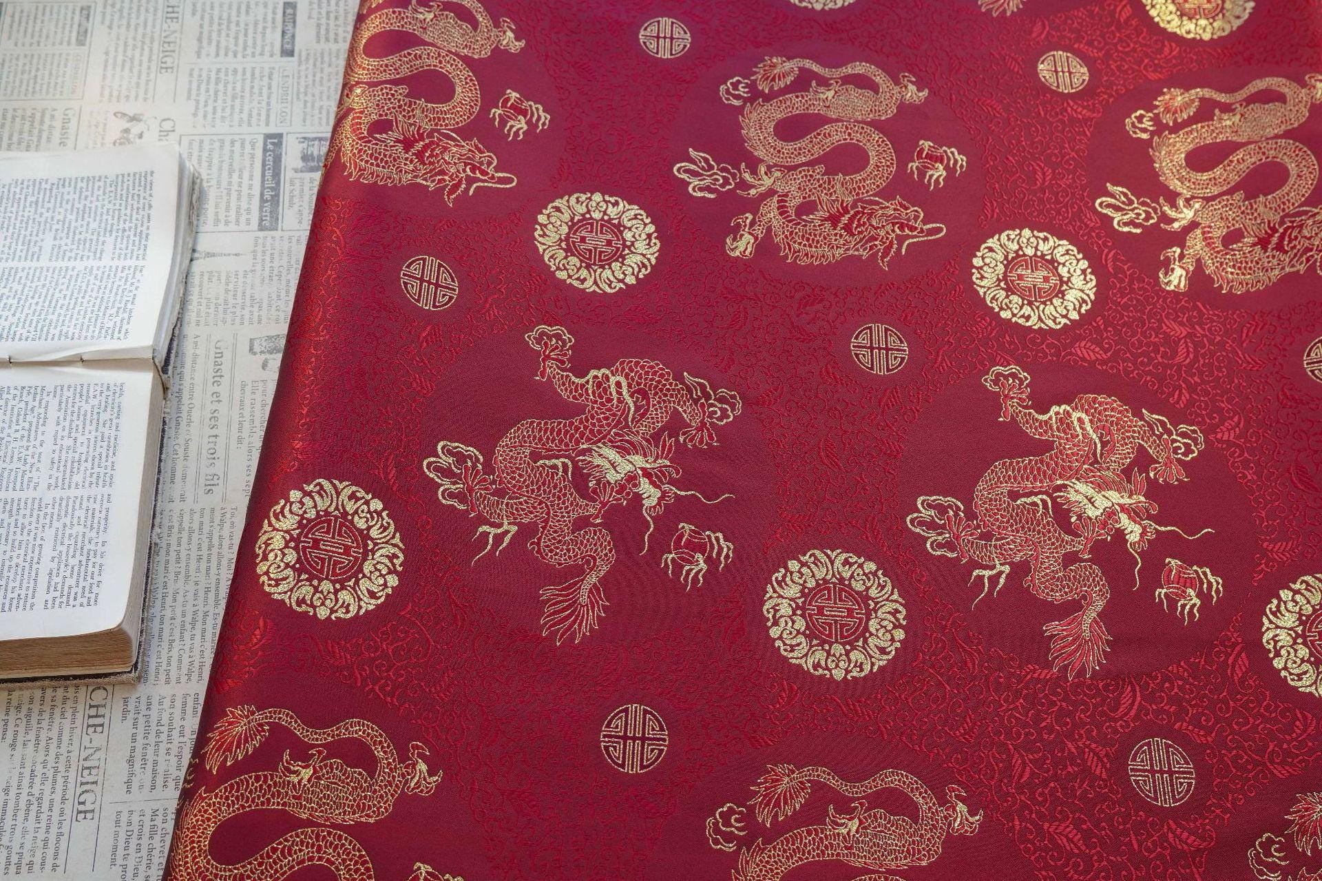 Chinese Dragon Brocade Fabric, Red Gold Jacquard Fabric by Yard, Double Dragon Pattern Textile, Sewing Material, Luxury Oriental Fabric, 59"