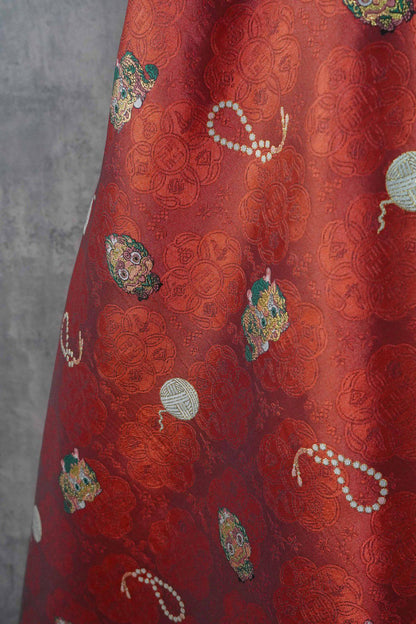 Chinese Lion Dance Fabric, Red Gold Jacquard Fabric by Yard, Lunar New Year Textile, Traditional Chinese Sewing Material, Qipao Fabric, 59"