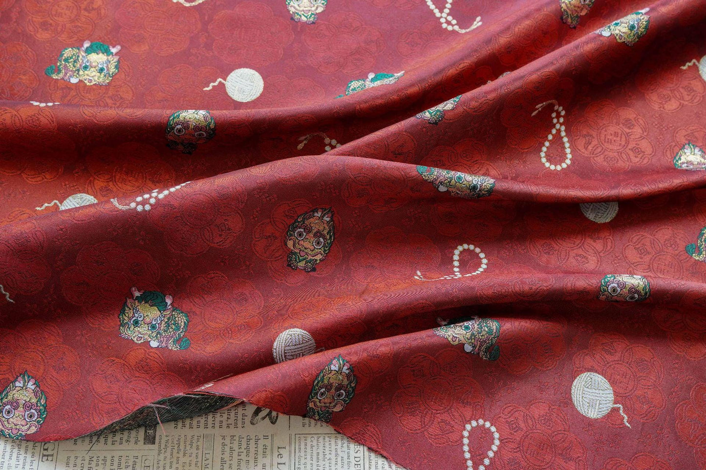 Chinese Lion Dance Fabric, Red Gold Jacquard Fabric by Yard, Lunar New Year Textile, Traditional Chinese Sewing Material, Qipao Fabric, 59"