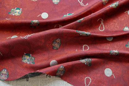 Chinese Lion Dance Fabric, Red Gold Jacquard Fabric by Yard, Lunar New Year Textile, Traditional Chinese Sewing Material, Qipao Fabric, 59"