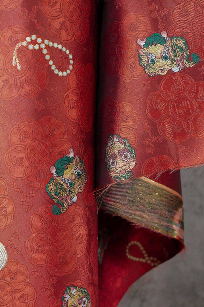 Chinese Lion Dance Fabric, Red Gold Jacquard Fabric by Yard, Lunar New Year Textile, Traditional Chinese Sewing Material, Qipao Fabric, 59"