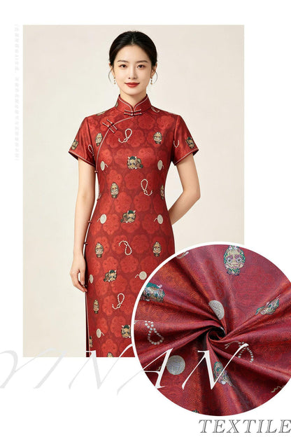 Chinese Lion Dance Fabric, Red Gold Jacquard Fabric by Yard, Lunar New Year Textile, Traditional Chinese Sewing Material, Qipao Fabric, 59"