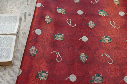 Chinese Lion Dance Fabric, Red Gold Jacquard Fabric by Yard, Lunar New Year Textile, Traditional Chinese Sewing Material, Qipao Fabric, 59"