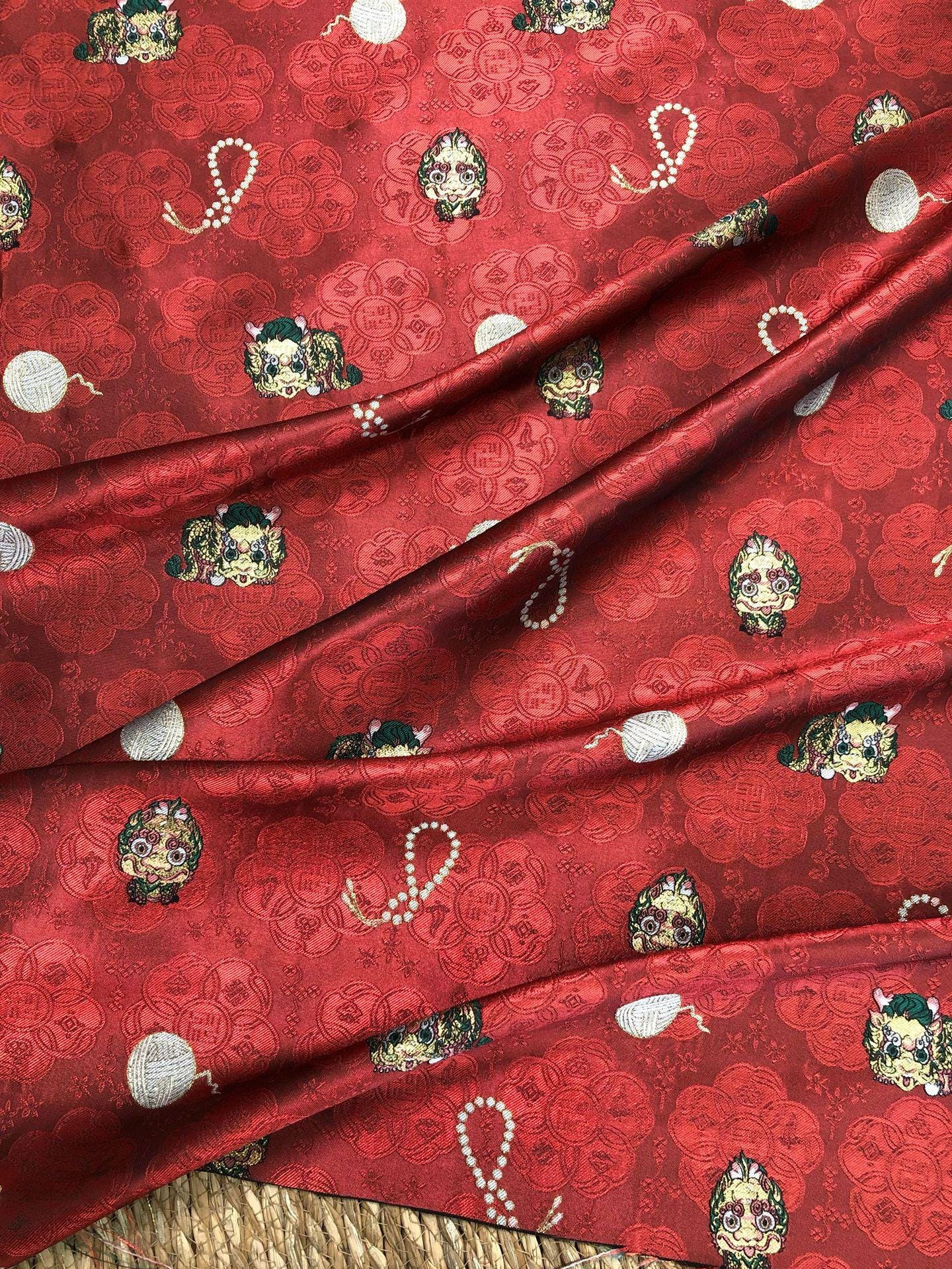 Chinese Lion Dance Fabric, Red Gold Jacquard Fabric by Yard, Lunar New Year Textile, Traditional Chinese Sewing Material, Qipao Fabric, 59"